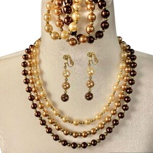 Vintage 3-piece Multi-Tone Pearl Necklace, Bracelet and Earring Set